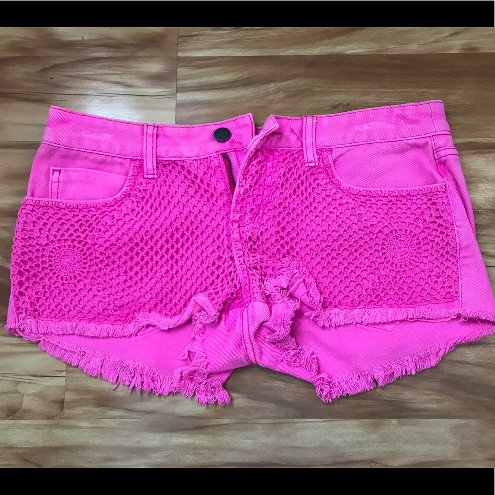 Neon pink denim shorts